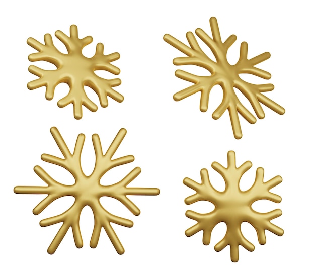 Colección de copos de nieve 3D Colección de cornetes de nieve realistas de oro aislados sobre un fondo blanco