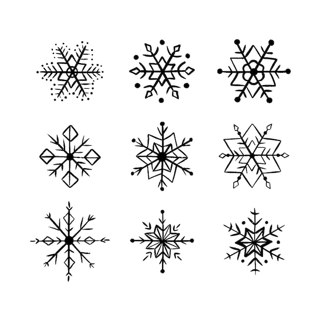 Colección copos de nieve dibujados a mano aislados sobre fondo blanco Icono de doodle de copo de nieve