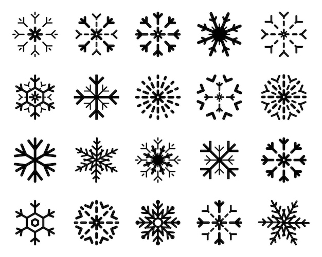 Colección de copos de nieve Iconos de vector de copo de nieve negro en diferentes formas Icono de nieve Símbolo de Navidad de invierno Ilustración vectorial