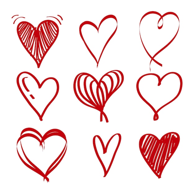 Colección de corazones de amor dibujados a mano Corazones Doodle aislados en fondo blanco Ilustración vectorial
