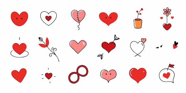 Colección de corazones garabateados coloridos sobre fondo blanco