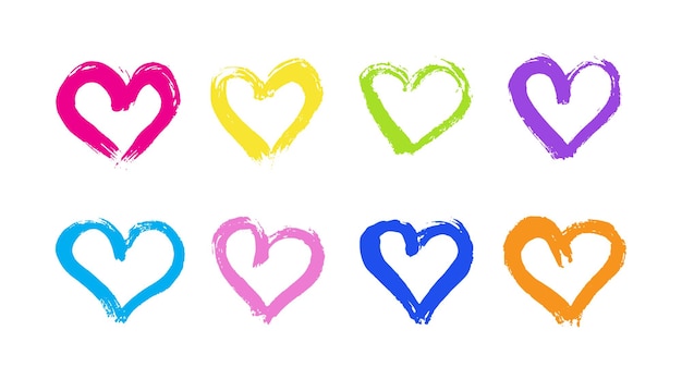 Colección de corazones grunge multicolores dibujados a mano con un símbolo de corazón de pincel seco