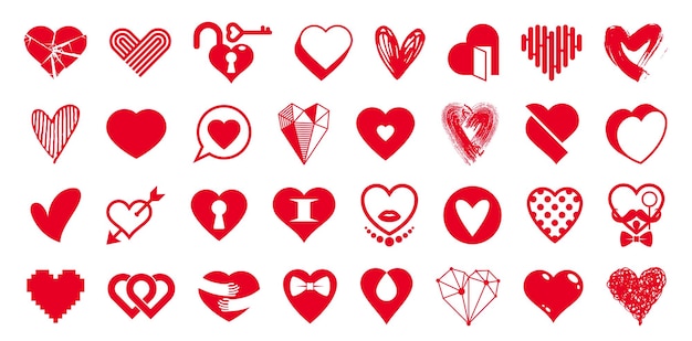 Colección de corazones logotipos vectoriales o iconos configurados formas de corazón de diferentes estilos y conceptos símbolos amor y cuidado salud y cardiología geométrica y baja poli