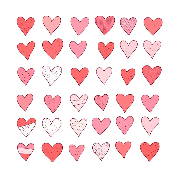 Colección de corazones rojos dibujados a mano en diferentes poses sobre un fondo blanco