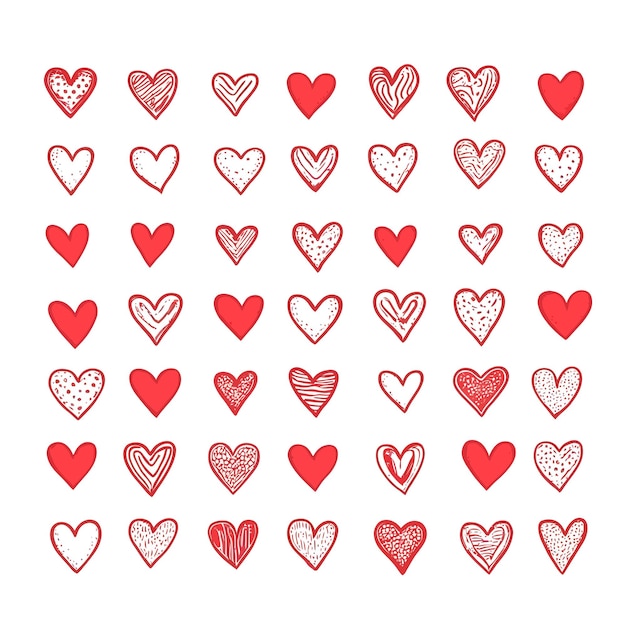 Colección de corazones rojos dibujados a mano en diferentes poses sobre un fondo blanco