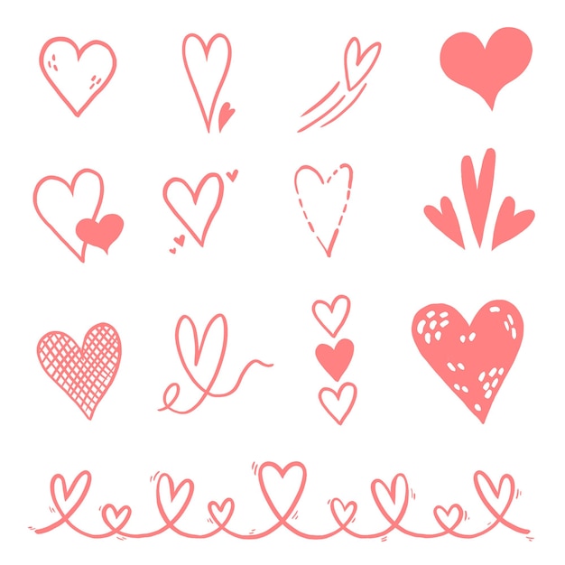 Colección de corazones rosados dibujados a mano