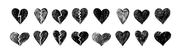 Colección de corazones de textura negra dibujados a mano con diseños enteros y rotos