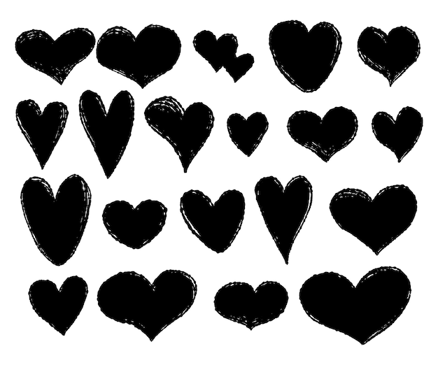 Colección de corazones con textura negra dibujos a mano con tiza vectorial garabateos aislados para el diseño