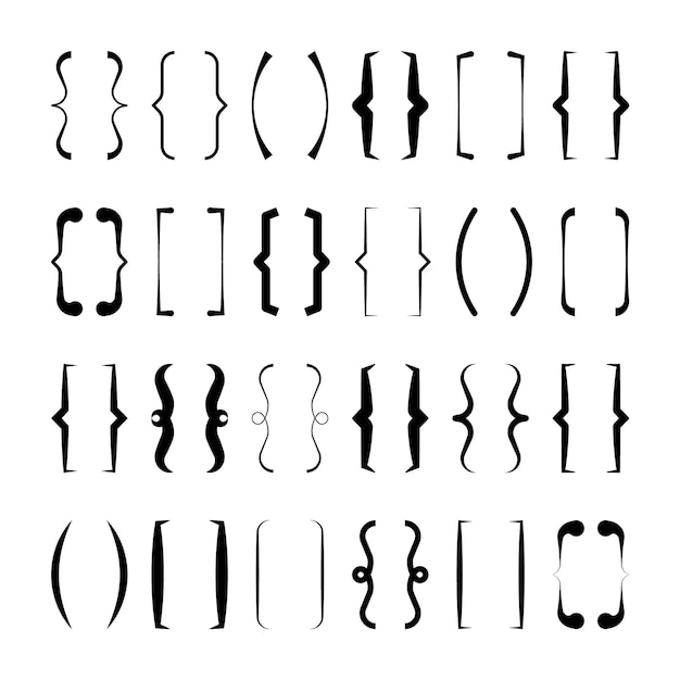 Colección de corchetes de texto cuadro de cotización negro paréntesis cuadrados y de esquina rizados símbolo tipográfico vintage marco de cita caligráfica elemento de letras doodle ilustración vectorial