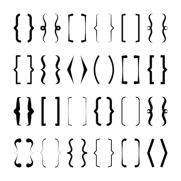 Colección de corchetes de texto cuadro de cotización negro paréntesis cuadrados y de esquina rizados símbolo tipográfico vintage marco de cita caligráfica elemento de letras doodle ilustración vectorial