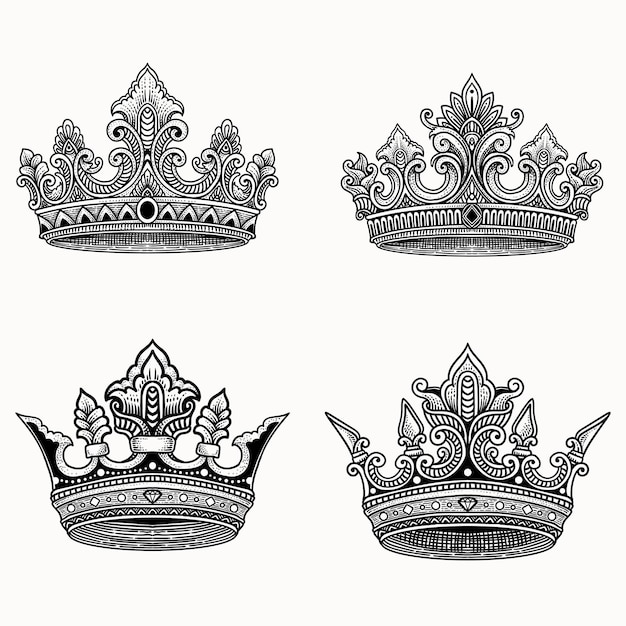 Colección de la corona grabado estilo dibujado a mano Vector de ilustración Eps 10