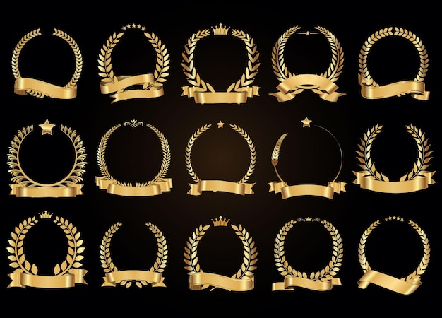 Colección de corona de laurel dorado con ilustraciones vectoriales de cintas de oro