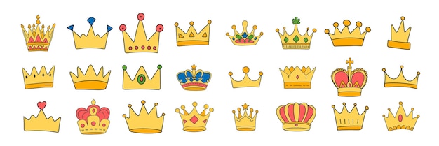 Colección de coronas en estilo doodle con contorno coloreado Arte vectorial dibujado a mano