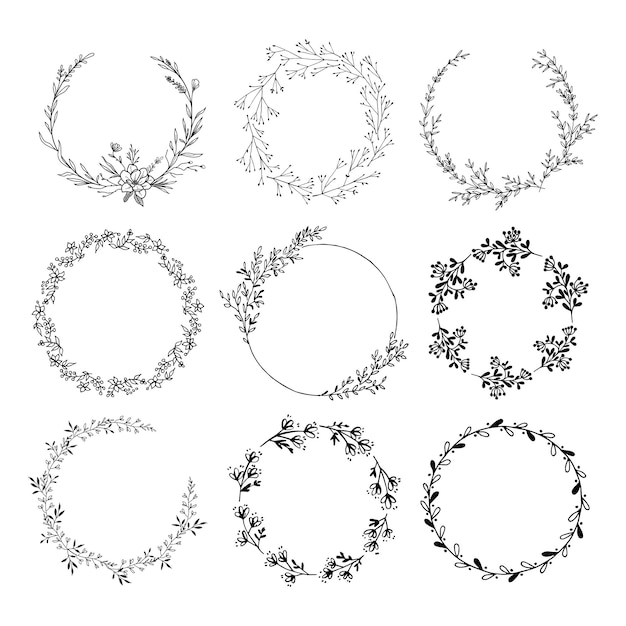 Colección de coronas florales dibujadas a mano para diseños elegantes de bodas