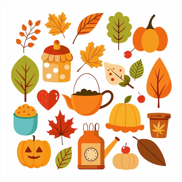 una colección de cosas diferentes, incluidas calabazas, manzanas y otras cosas