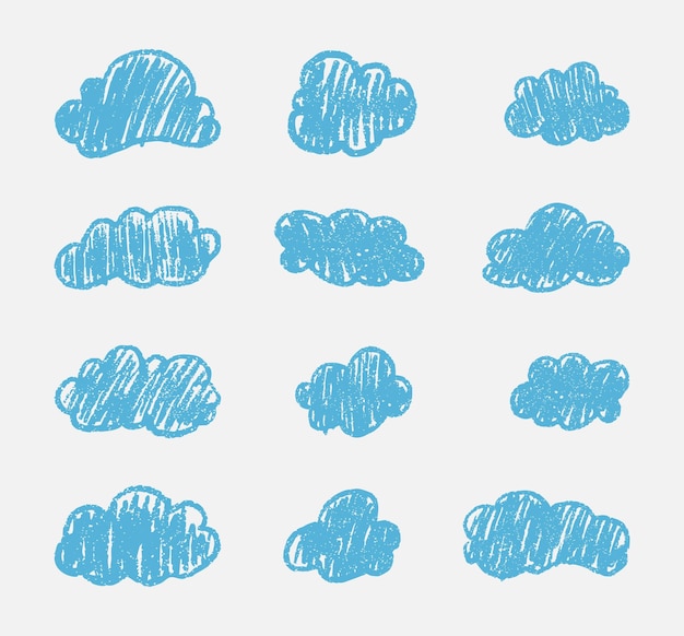 Colección de crayones dibujados nubes azules en estilo infantil dibujos a lápiz iconos infantiles