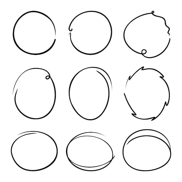 Colección creativa de líneas circulares y elípticas sobre fondo blanco