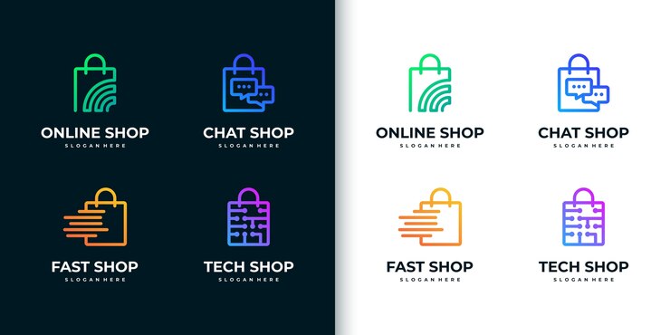 Vector colección creativa de logotipos de compras coloridos, con estilo de arte lineal