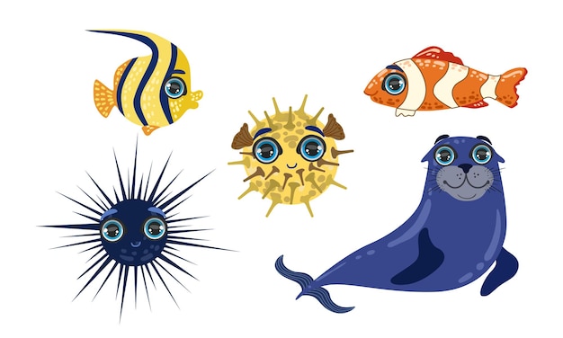 Vector colección de criaturas marinas adorables animales y peces marinos adorables ilustración vectorial