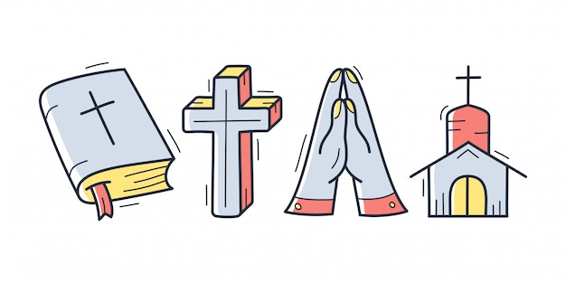 Colección cristiana linda del Doodle del tema dibujado a mano en blanco aislado