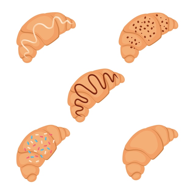 Colección de croissants de dibujos animados vectoriales sobre fondo blanco