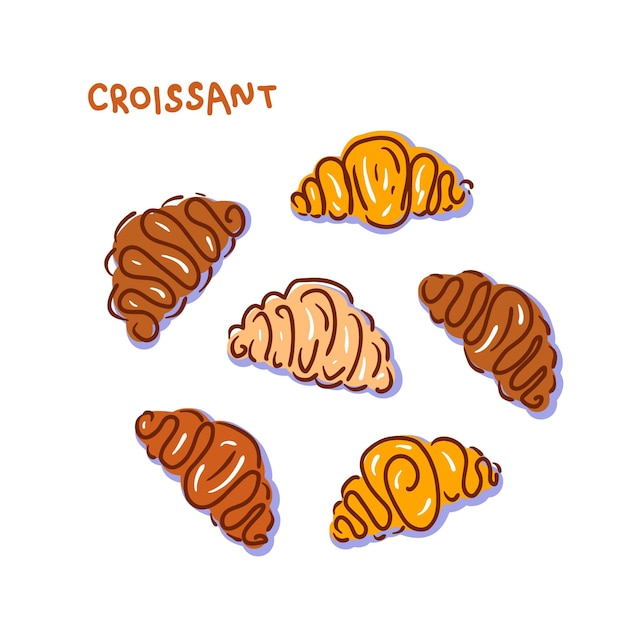 Colección de croissants en estilo plano Perfecto para pegatinas de camiseta e impresión Ilustración vectorial dibujada a mano para decoración y diseño