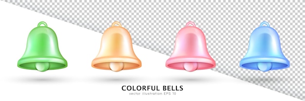 Colección de cuatro campanas de colores: verde, dorado, rosa y azul. Campanas brillantes de dibujos animados de representación 3D