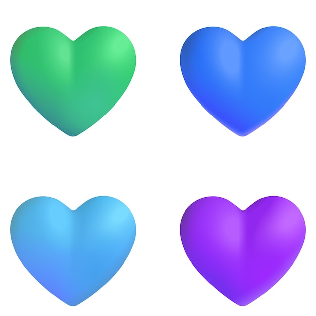 Colección de cuatro corazones renderizados en 3D en varios colores