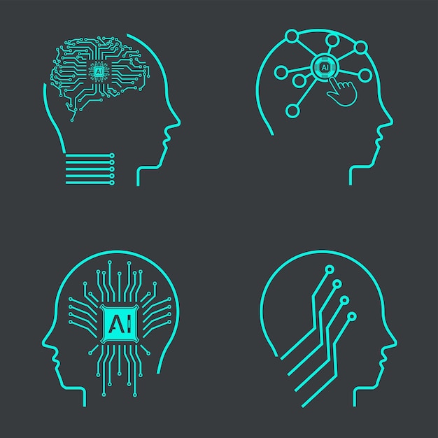 Colección de Cuatro iconos de inteligencia artificial configurados en línea de aprendizaje automático robótico inteligente
