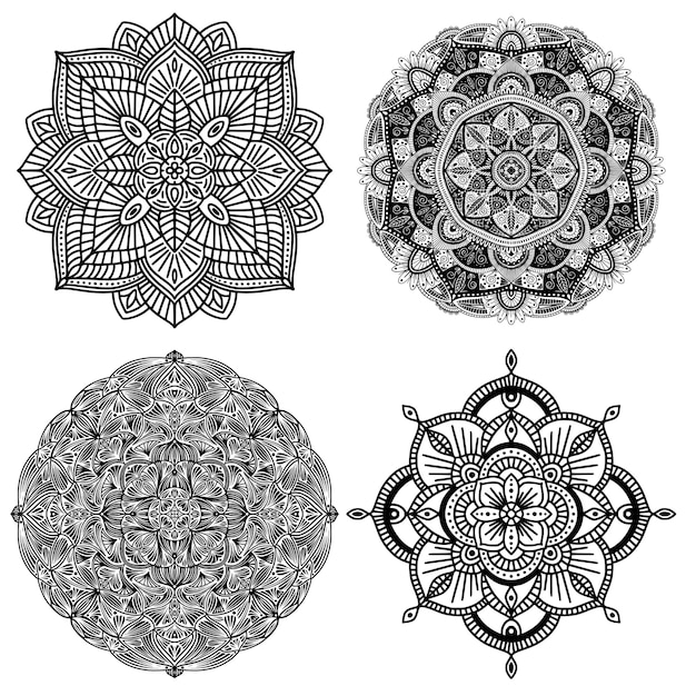 Colección de cuatro mandalas étnicos florales en blanco y negro, sobre fondo blanco