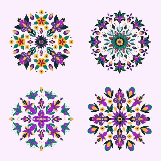 Colección de cuatro mandalas florales vibrantes y ornamentadas en colores púrpura, verde y amarillo