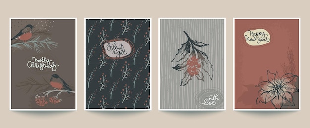 Colección de cuatro tarjetas navideñas vectoriales de moda con árboles dibujados a mano, animales, copos de nieve y textura abstracta. Incluye carteles de letras manuscritas navideñas.