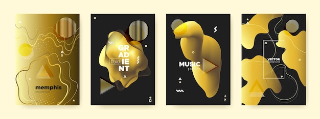 Colección de cubiertas de fluido abstracto con elementos de memphis y fluido