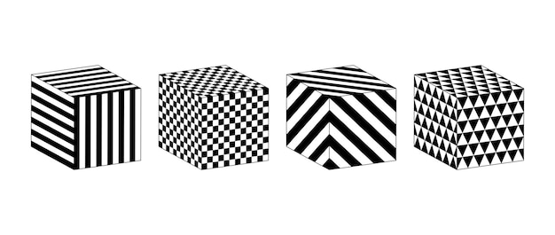 Colección de cubos con diferentes patrones Conjunto de cuadrados 3d rayados y a cuadros Blanco y negro