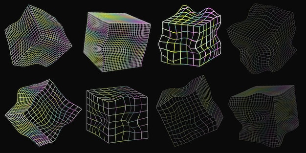 Colección de cubos de estructura alámbrica distorsionados desde diferentes lados Vector objetos geométricos abstractos 3D
