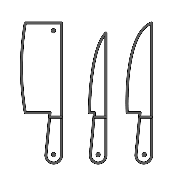 Colección de cuchillos afilados para cortar el icono de la línea de alimentos Utensilio de cocina