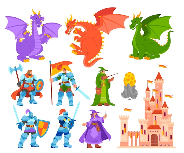 Colección de cuentos de dragones de fantasía dibujados a mano