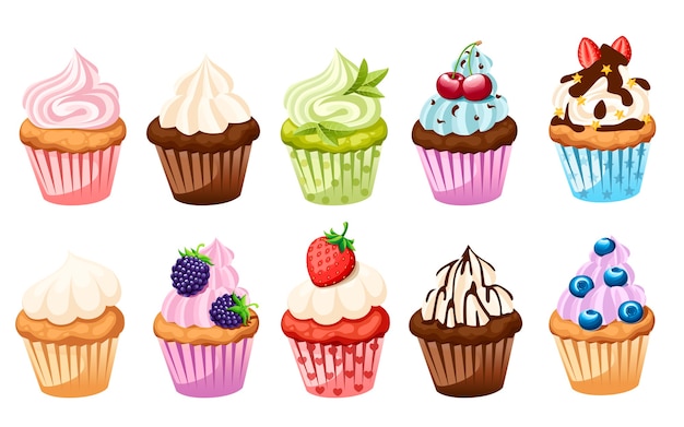 Colección de cupcakes con diferentes ingredientes.