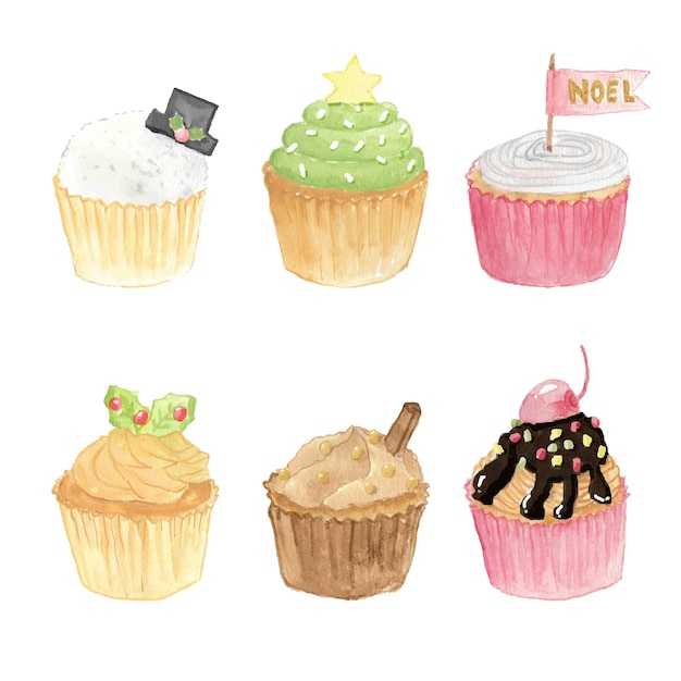 Colección de cupcakes de navidad acuarela aislada sobre fondo blanco