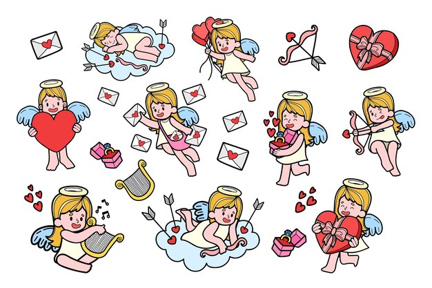 Colección cupido dibujada a mano en ilustración de estilo plano para ideas de negocios