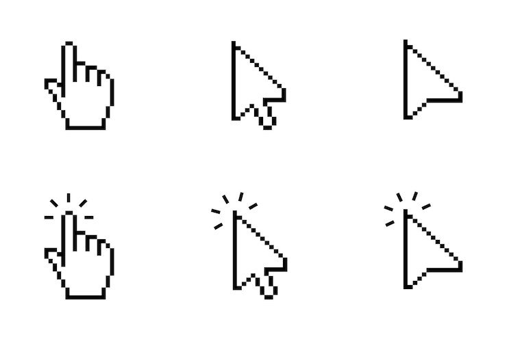 Vector colección de cursores pixelados y punteros de mano que destacan la acción de clic