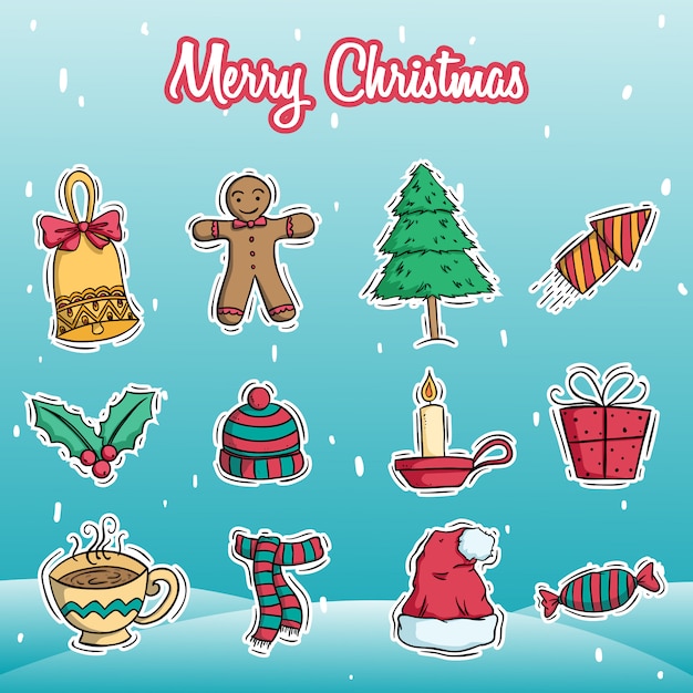 Colección de decoración de navidad con estilo doodle color sobre fondo de nieve