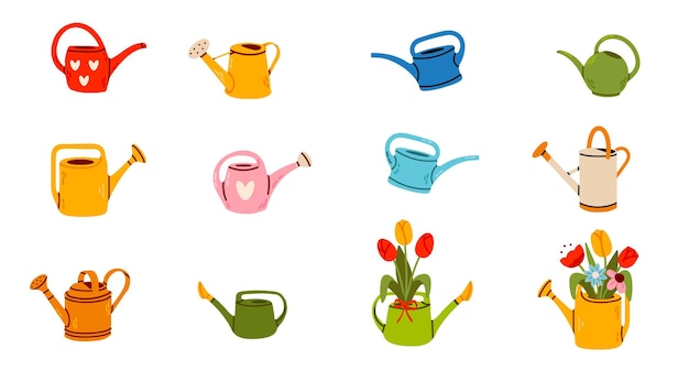 Colección de decoración de primavera con varios envases de riego coloridos para jardinería y elementos florales
