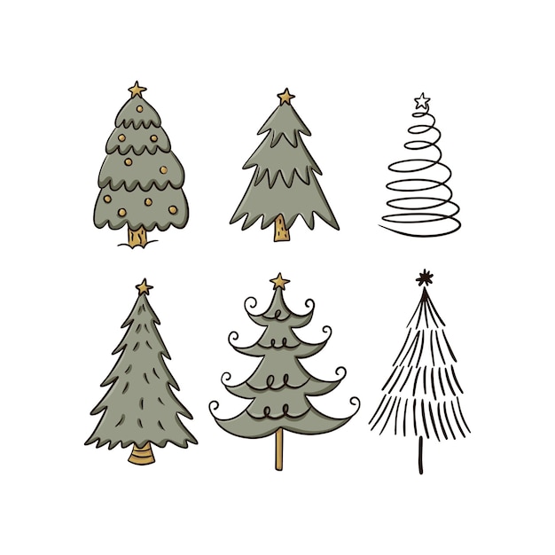 Colección de decoraciones de árboles de Navidad Diseño de invierno colorido doodle ilustración vectorial en estilo de dibujos animados planos