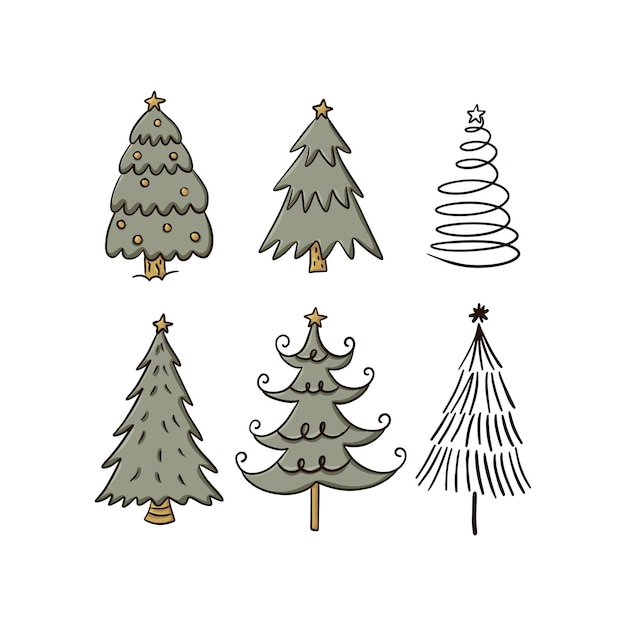 Vector colección de decoraciones de árboles de navidad diseño de invierno colorido doodle ilustración vectorial en estilo de dibujos animados planos