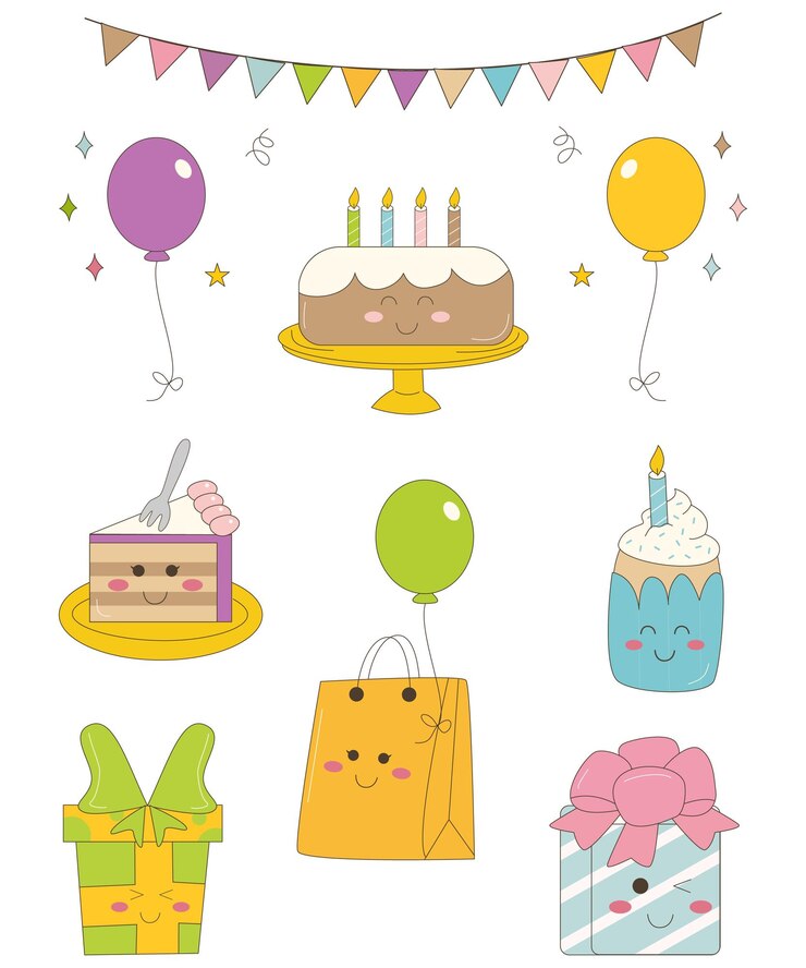 Colección de decoraciones para fiestas de cumpleaños de Kawaii Doodle