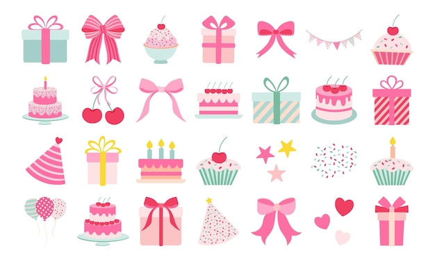 Una colección de decoraciones de fiestas de cumpleaños rosas y blancas, incluidos pasteles