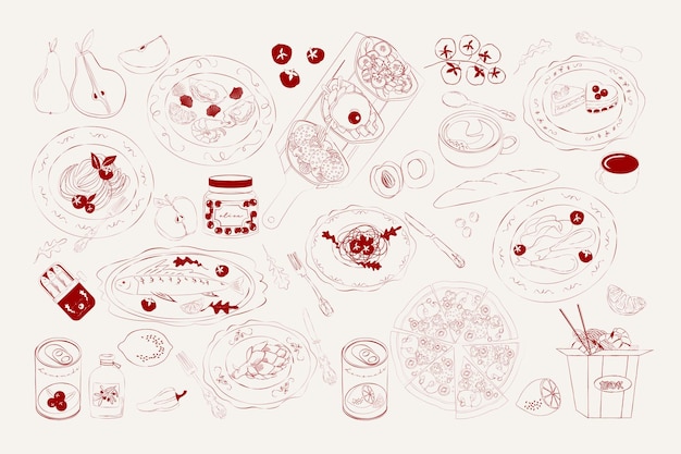 Colección de delicias alimentarias y platos Una comida fija para la cena