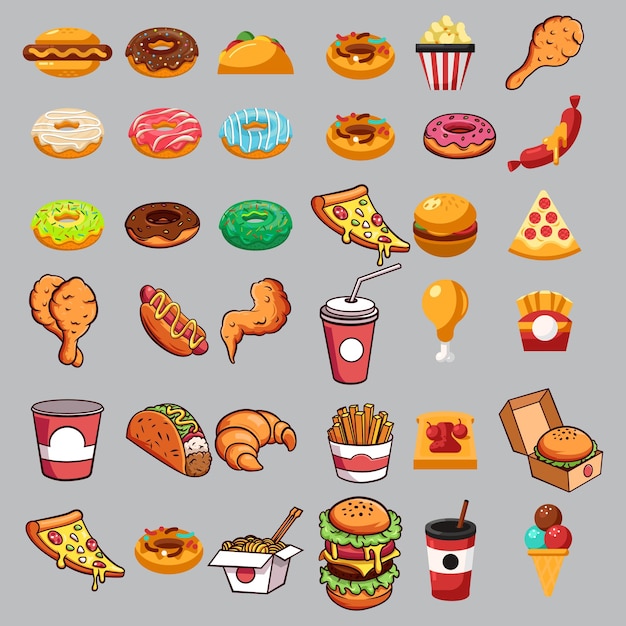 Colección de deliciosos artículos de comida rápida al estilo de dibujos animados