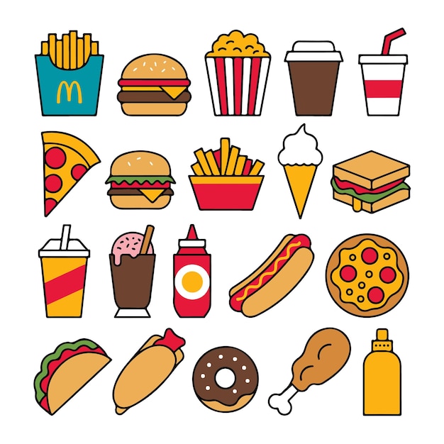 Colección de deliciosos artículos de comida rápida